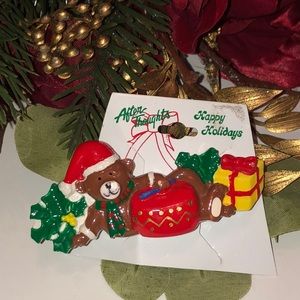 Christmas Barrette Vintage Teddy Bear with presents Christmas Barrette 80s